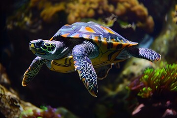 Vibrant turtle swims in a colorful underwater world. The style captures the natural beauty of sea life. Perfect for nature and marine-themed stock photos. Stunning simplicity. Generative AI
