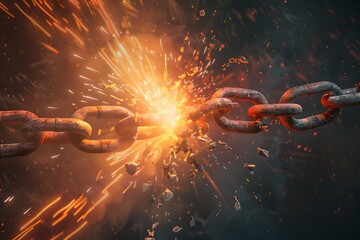 Dramatic image of a breaking chain under intense pressure. Sparks and particles fly as the metal link snaps. Conceptual image representing freedom, breakthrough, or breaking limits. Generative AI