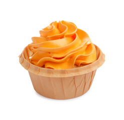 Tasty cupcake with orange cream isolated on white