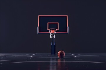 Basketball court with hoop and ball on ground. Modern and minimalistic sports concept. Elegant and stylish design for promotional or editorial purposes. Generative AI