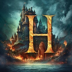 Castle in the sea. Fantasy illustration. 3D rendering. letter H
