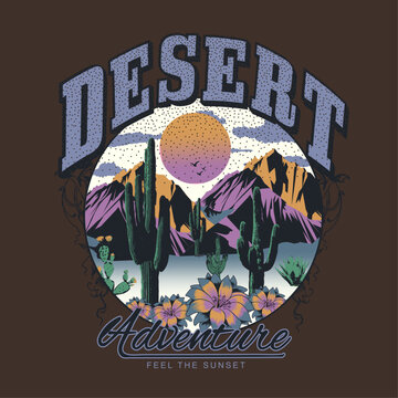vintage desert outdoor vector print, Desert vibes vector graphic print design for apparel, sticker, poster, background and others. Arizona Mountain Adventure t-shirt artwork design