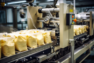 A machine filled with bags of food that are waiting to be processed in a pasta factory