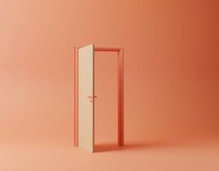 3d render with copy space, monochromatic open wood door isolated on pastel pink orange background. Architectural design element. Modern minimal concept. Elegant, abstract metaphor.