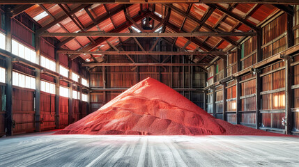 A vibrant red pile of potash fertilizer sits majestically in a rustic barn, symbolizing the mining and processing of essential minerals used in agriculture