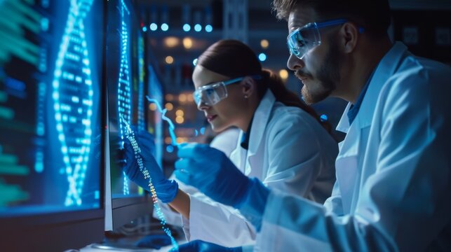 Biotech engineers working on a genetic engineering project, manipulating DNA sequences on a computer