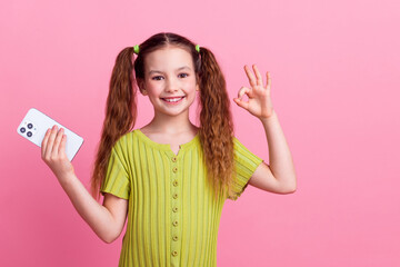 Photo portrait of cute little girl hold device show okey dressed stylish green clothes isolated on pink color background