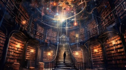A library with a starry night sky and a person walking up the stairs. AIG51A.