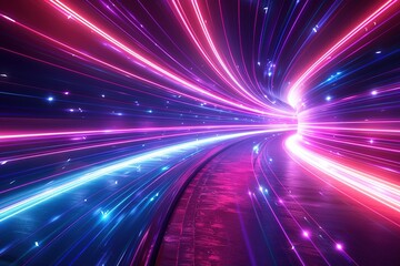 A abstract colorful, neon glowing tunnel with a purple and blue stripes