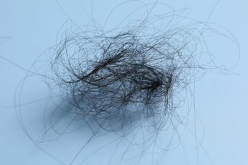 Pile of lost hair on light blue background