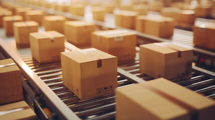 Boxes Moving on Conveyor Belt in Warehouse