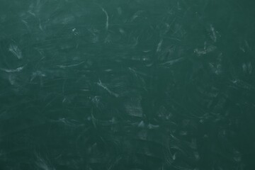 Chalk rubbed out on green chalkboard as background, closeup. Space for text