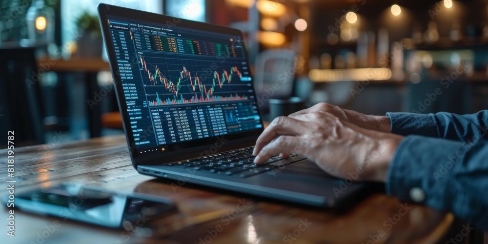 Canvas Prints close-up of a businessman's laptop screen showing detailed business diagrams and finance market grap