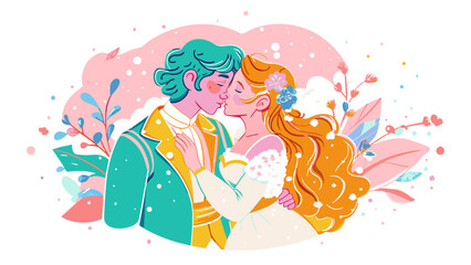 Romantic Couple Embracing for Whimsical Springtime Kiss Illustration. World Kissing Day