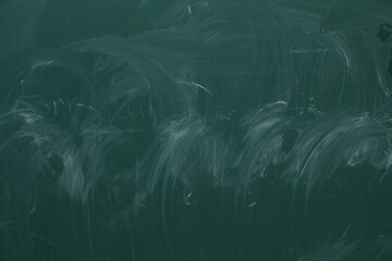 Chalk rubbed out on green chalkboard as background, closeup. Space for text