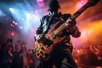 Obraz premium A man playing a bass guitar in front of a crowd in colorful lights. View from below