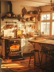 Cozy Farmhouse Kitchen Rustic WoodBurning Stove and Inviting Breakfast Bar Evoke s Golden Hour Charm