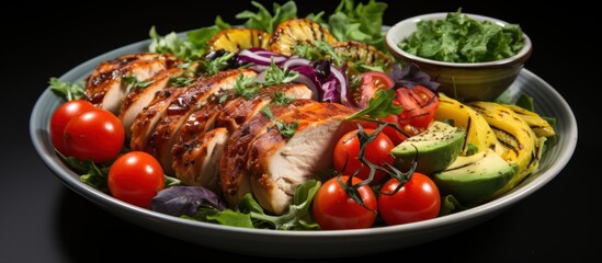 Tasty chicken salad with grilled vegetables on a plate on a black background