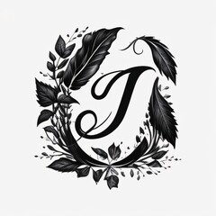 Black and white vintage monogram with leaves and flowers. Vector illustration for your design letter J