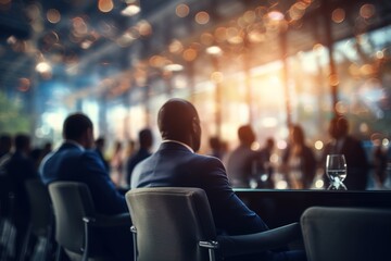 Rearview of a men in a suit is sitting at a table with other people at a board of directors or meeting