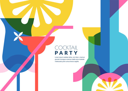 Cocktail party abstract color block geometric background. Multicolor drinking glasses and bottles. Vector flat illustration. Banner, poster, flyer, bar alcohol list menu design elements