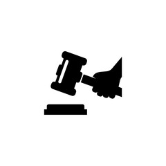 A simple black and white graphic icon depicting the silhouette of a judge's gavel and a podium or pedestal, representing legal authority, court proceedings, and decision-making.