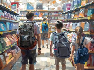 Obraz premium Parents and children shopping for school supplies in a store, no text