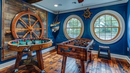 A nautical-themed game room featuring two wooden foosball tables and maritime decor, including a ships wheel and porthole windows. The room exudes a cozy and vibrant atmosphere.
