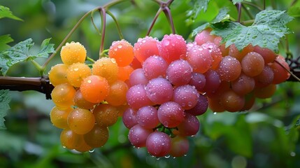  A tight shot of grapes bunched on a vine, adorned with water beads on the foliage, as fruit...
