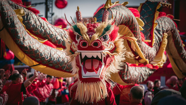 photography of red chinese dragon costume in chinese parade or New Year's celebration, during the day