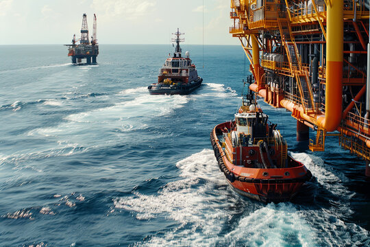 Tugboats powerfully guiding an oil and gas FPSO rig through open waters, showcasing the energy industry