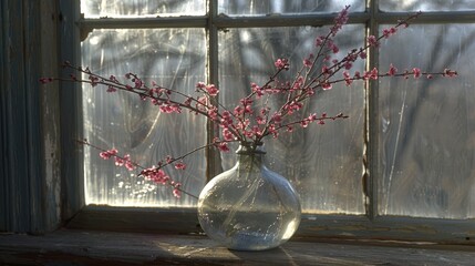 A vase, brimming with pink flowers, rests atop a sun-kissed window sill, companioned by a weathered wooden one