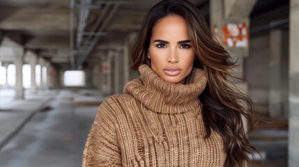  A woman with long brown hair dons a turtleneck sweater, posing for a picture in the vacant parking garage