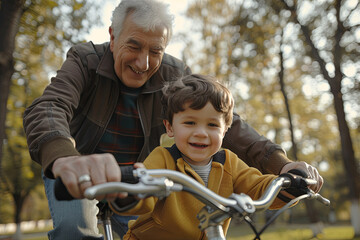 Obraz premium Grandfather patiently teaching his grandson how to ride a bike in a park, capturing a heartwarming bonding moment