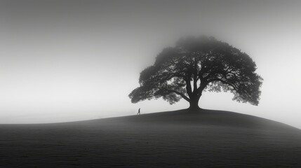  A lone tree stands silhouetted against foggy backdrop, a figure walks in the distance