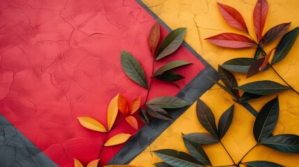  A tight shot of red, yellow, and blue foliage against a multi-hued background A central red and black square