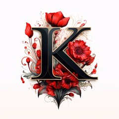 letter K with red poppies and floral elements. 3d illustration