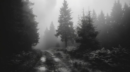  A foggy forest path, depicted in black and white, features trees emerging from the mist in the foreground