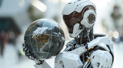 Fototapeta premium Futuristic robot holding a globe, symbolizing technology and global connectivity Perfect for tech, innovation, and futuristic themes Isolated with ample copy space