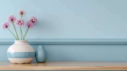  Two vases atop a wooden table, one holding pink flowers