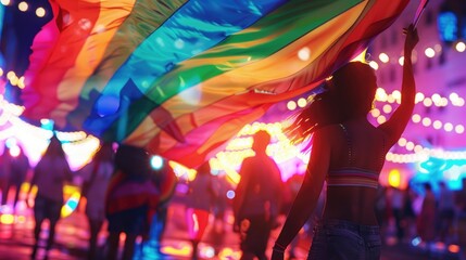 A vibrant pride parade with transgender people holding a large rainbow flag, illuminated by bright and colorful lights in the background.
