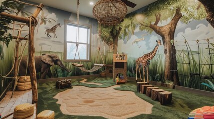 A childrens room designed with a jungle theme, featuring colorful animal wall decals, leafy green bedding, and toy animals scattered around.