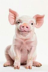 A piglet with a wide smile, looking joyful, isolated on a white background