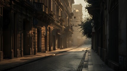 Obraz premium Deserted street in a bustling city, no traffic, empty sidewalks, eerie quiet, early morning light