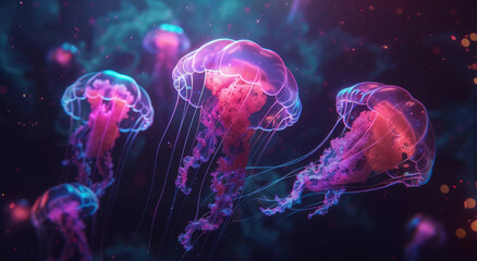 Vibrant Glowing Jellyfish, Deep Ocean Illumination