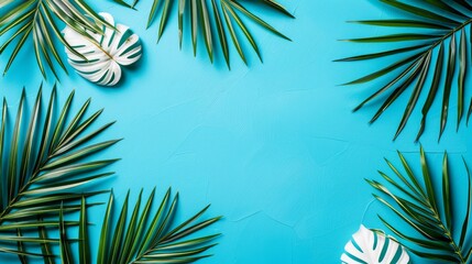  Palm leaves arrangement on a tranquil blue backdrop Inscribe here