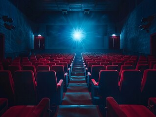 Fototapeta premium Unoccupied seat in movie theater, dimly lit, screen glowing, hushed crowd, noticeable absence