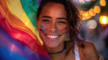 A portrait of a transgender individual smiling brightly, wrapped in a rainbow flag, with soft, warm lighting enhancing their features.