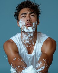 25 year old Asian American man applying shaving foam to his chin, wearing a white T-shirt, blue...