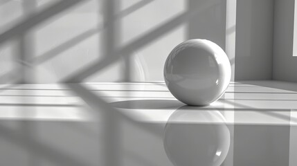  A white vase atop a table before a window; reflection in floor